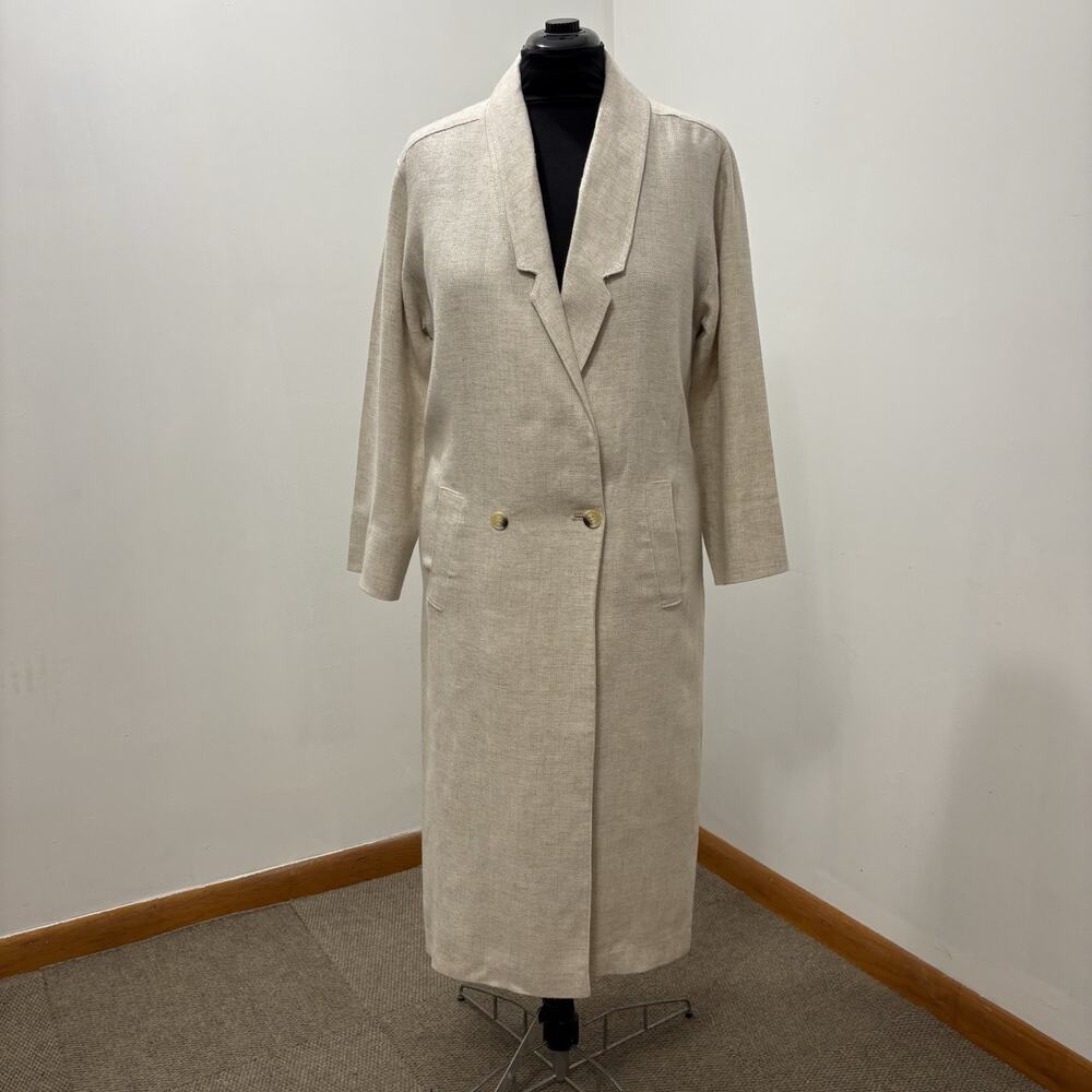 Vintage 90s Ann Taylor Oatmeal Linen Long Coat Trench Jacket Size 16